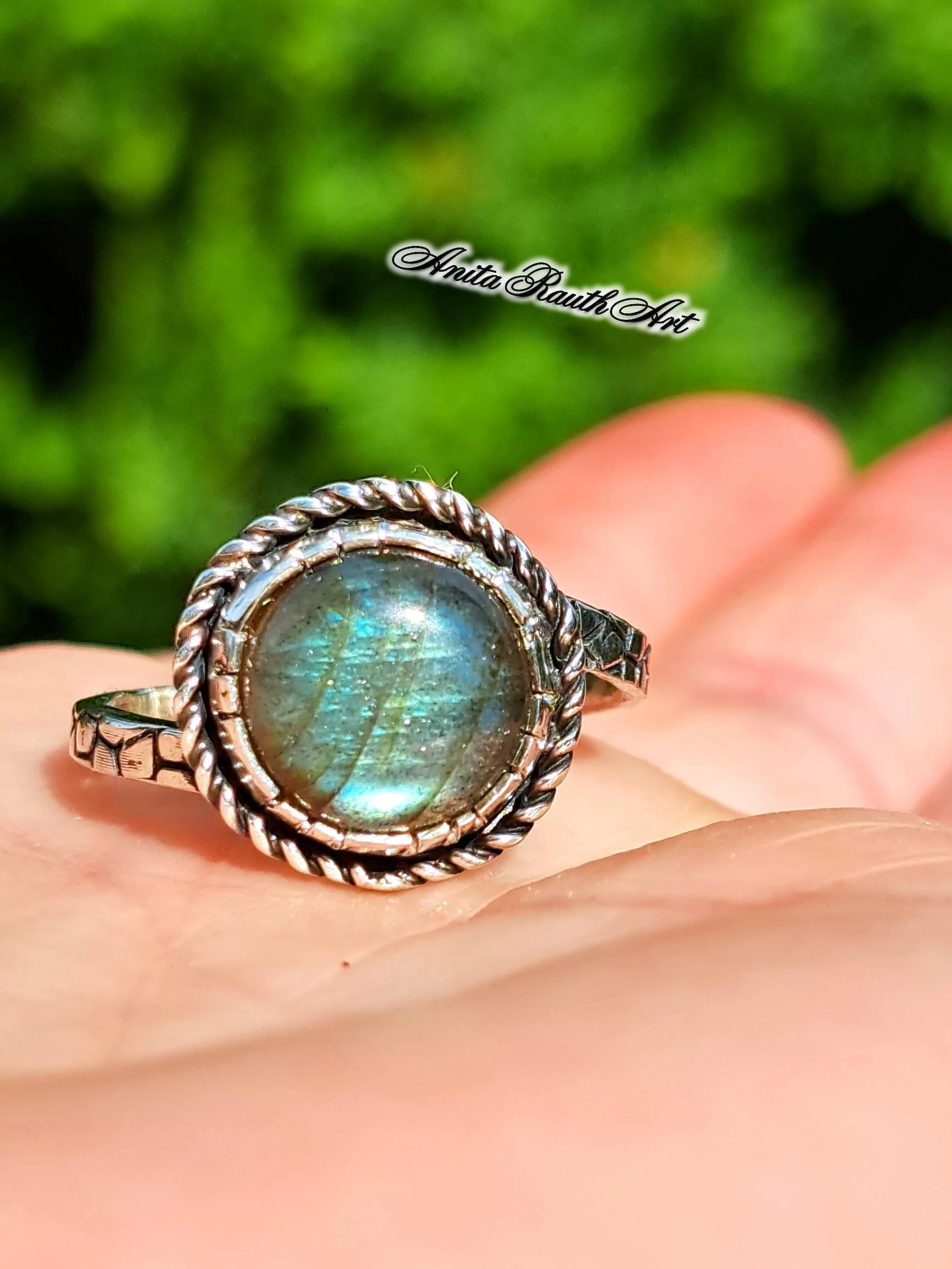 Zöld labratorit gyűrű / Green labradorite ring